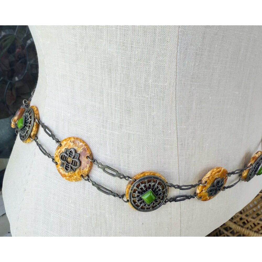 Antique 30's Celloid Circles Green Glass Silverplate women's Link Belt/Necklace - Picture 8 of 16